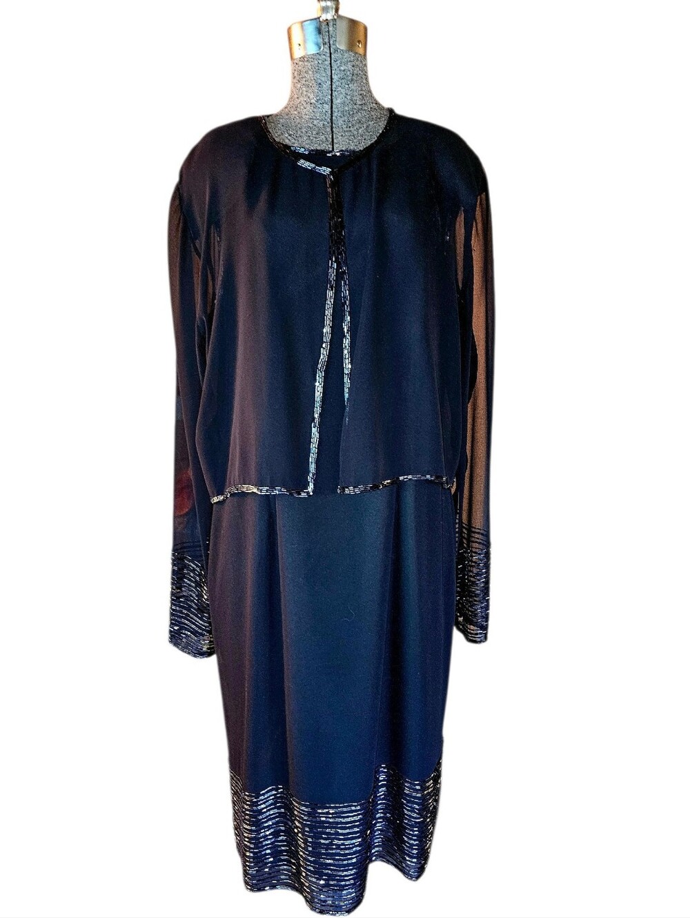 JMD New York, Black Sequin-Trim Evening Dress with Jacket